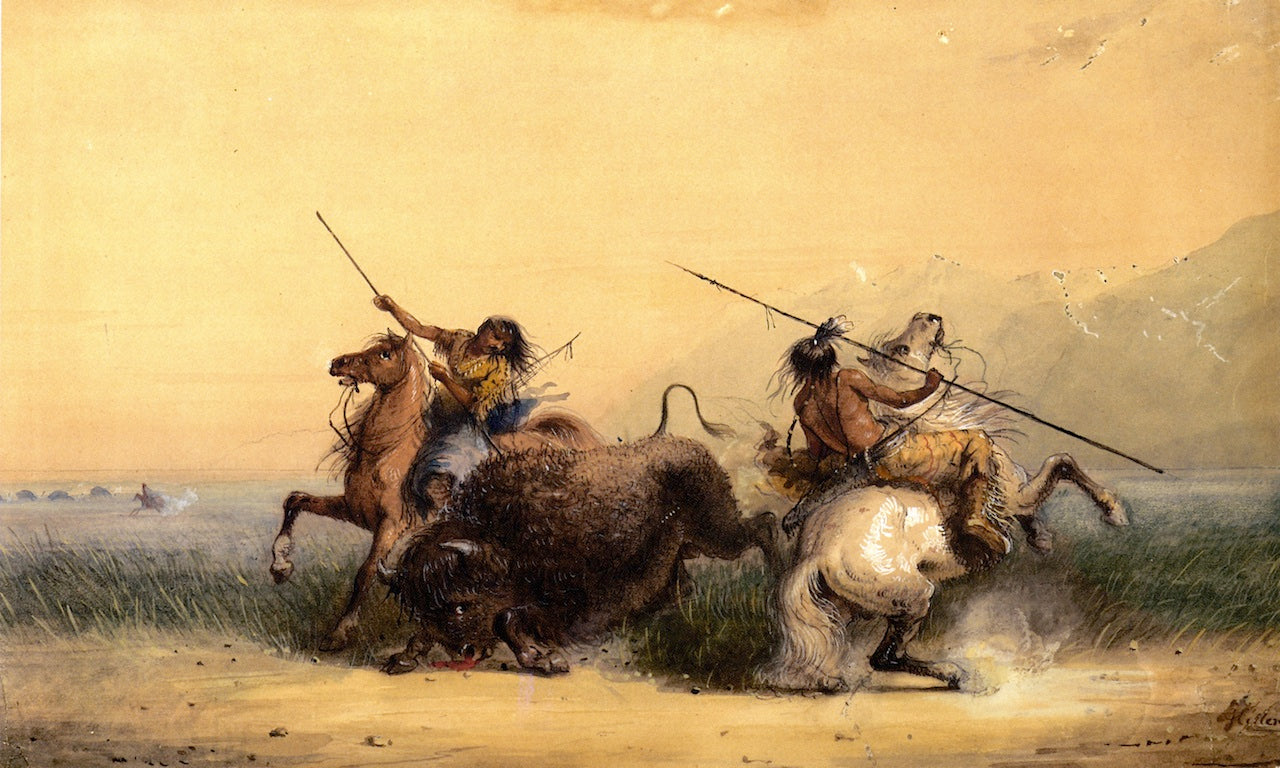 Two Indians Killing a Buffalo, vintage artwork by Alfred Jacob Miller, A3 (16x12") Poster Print
