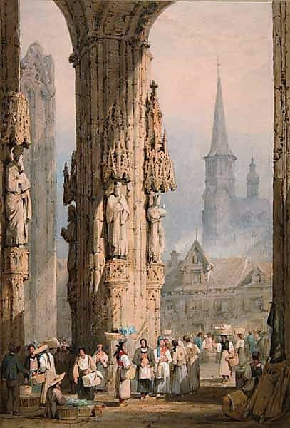 Porch of Ulm Cathedral, Germany, vintage artwork by Samuel Prout, A3 (16x12") Poster Print