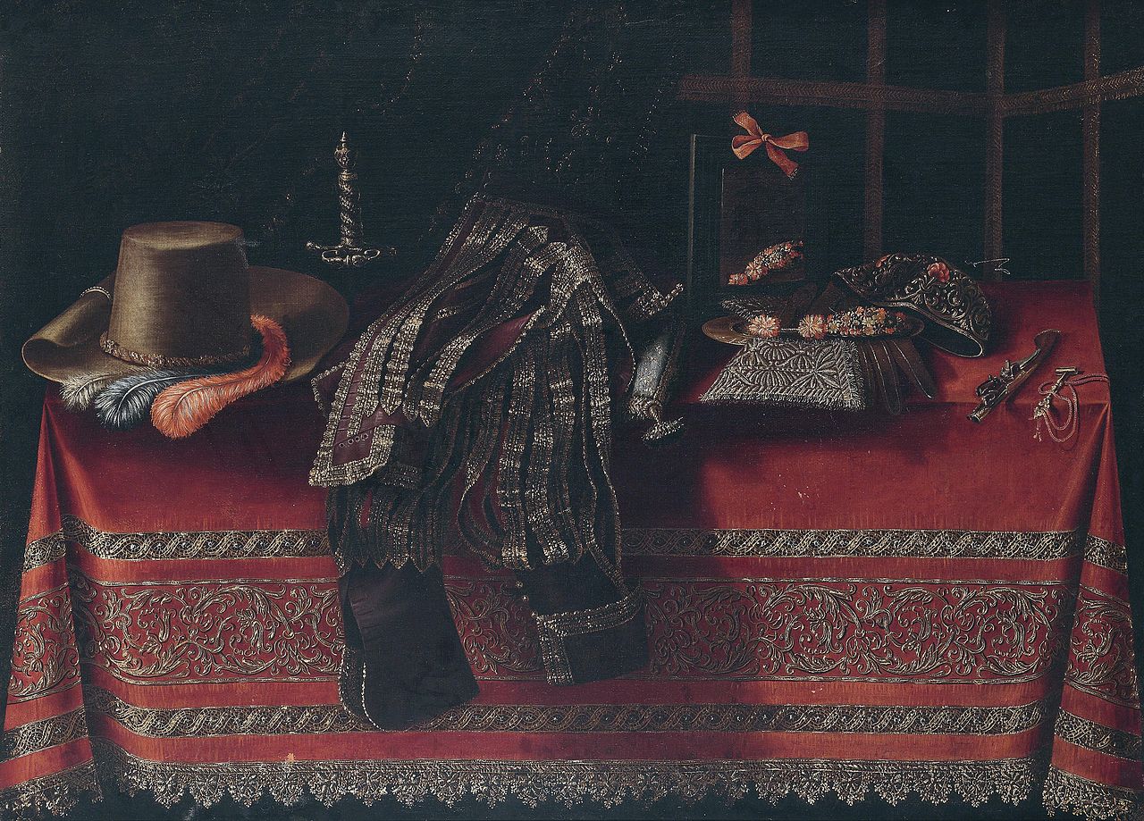 Still life with clothing, weapons and a mirror on a red, embroidered tablecloth, vintage artwork by Carlo Manieri, 12x8" (A4) Poster