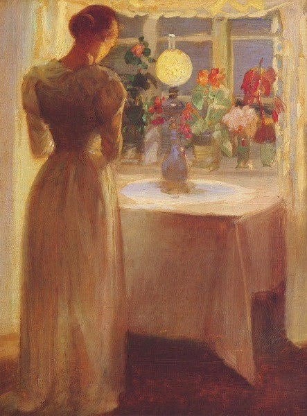 Young Girl before a Lighted Lamp, vintage artwork by Anna Ancher, 12x8" (A4) Poster