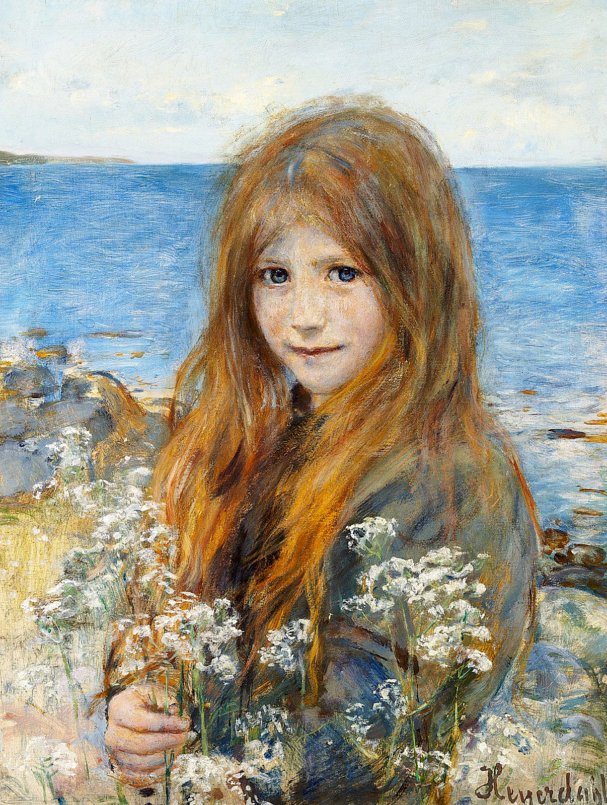 Little girl on the beach, vintage artwork by Hans Heyerdahl, 12x8" (A4) Poster