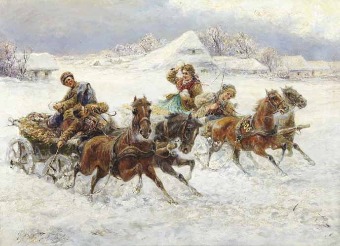 Playing Snowballs, vintage artwork by Constantin Stoiloff, 12x8" (A4) Poster