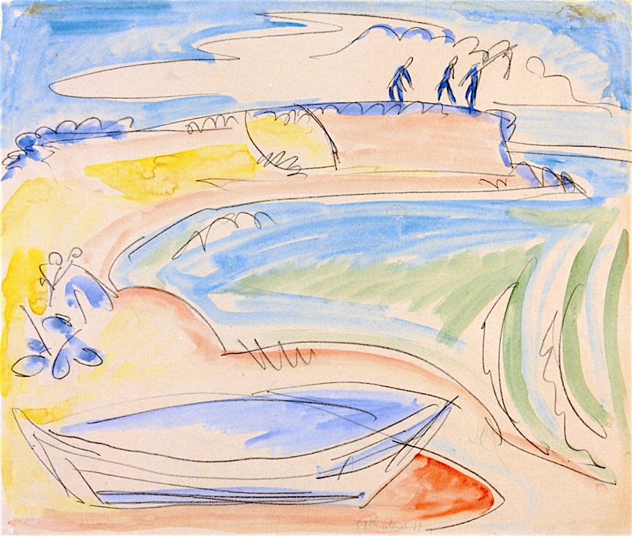 Boat and Three Figures on the Coast of Fehmarn, vintage artwork by Ernst Ludwig Kirchner, 12x8" (A4) Poster