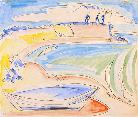 Boat and Three Figures on the Coast of Fehmarn, vintage artwork by Ernst Ludwig Kirchner, 12x8" (A4) Poster