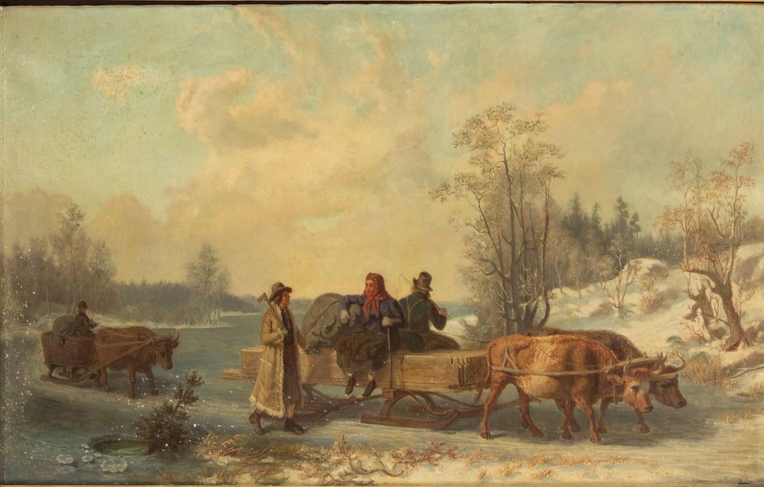 Winter scene with sleds on ice pulled by  oxen, vintage artwork by Nils Andersson, A3 (16x12") Poster Print