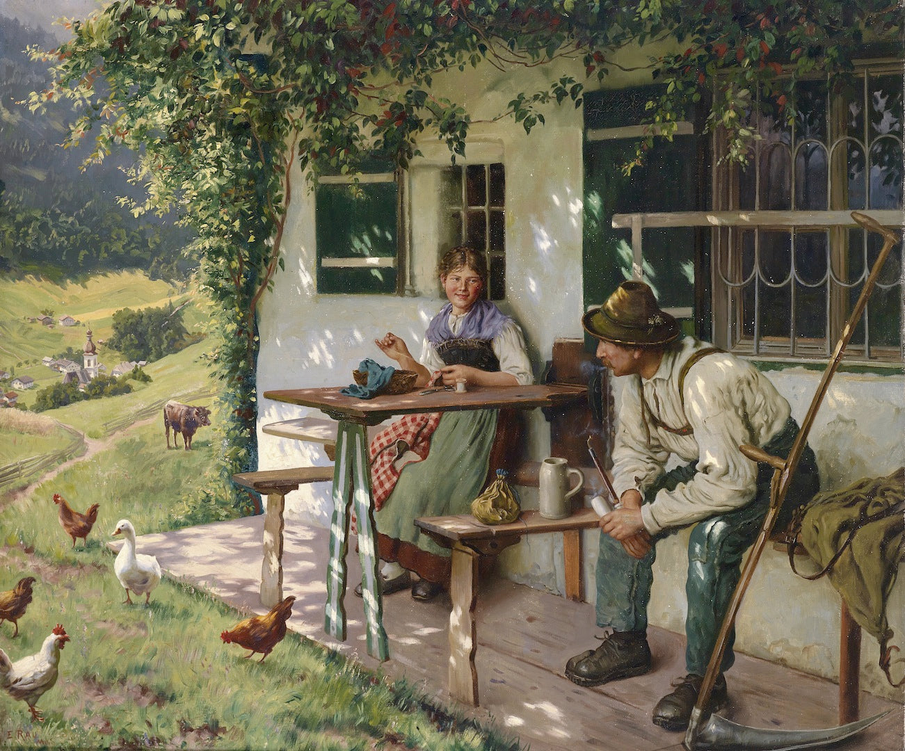 Young couple in front of a farmhouse in Upper Bavaria, vintage artwork by Emil Rau, 12x8" (A4) Poster