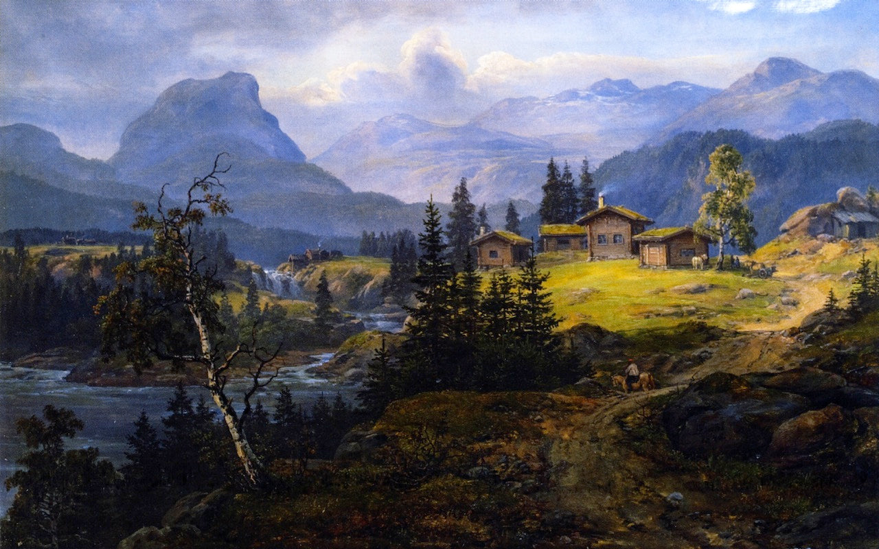 View of Øylo Farm, Valdres, vintage artwork by Johan Christian Claussen Dahl, A3 (16x12") Poster Print