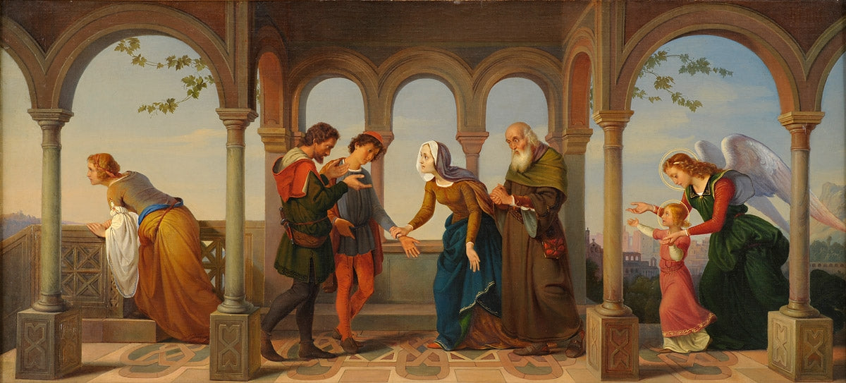 An angel brings St. Catherine to her parents, vintage artwork by Alfred von Schussler, A3 (16x12") Poster Print