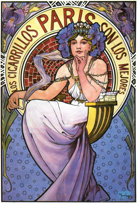 Los Cigarrillos Paris, vintage artwork by Alfons Mucha, 12x8" (A4) Poster