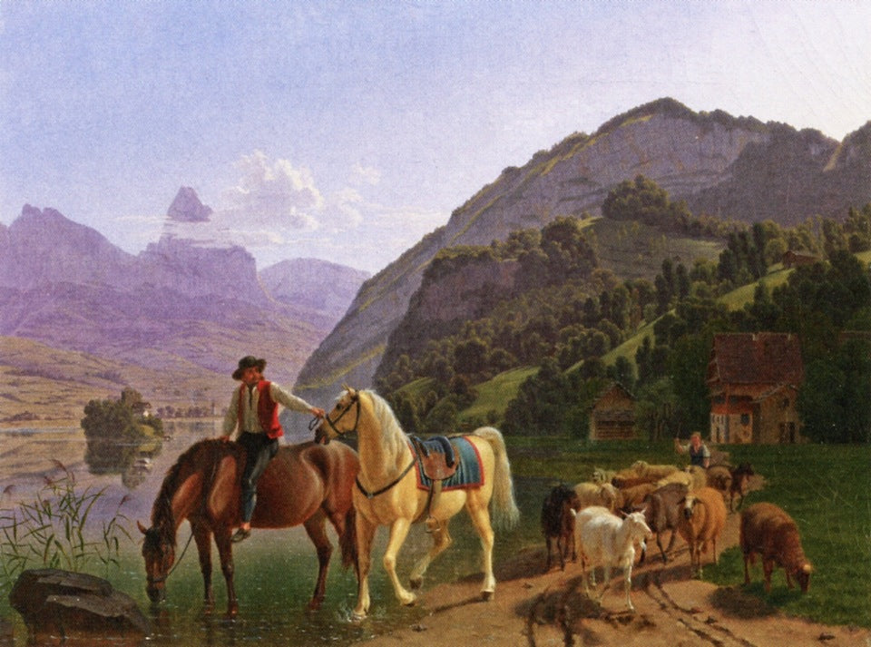 Rider with Two Horses and Herd, vintage artwork by Johannes Jakob Biedermann, 12x8" (A4) Poster