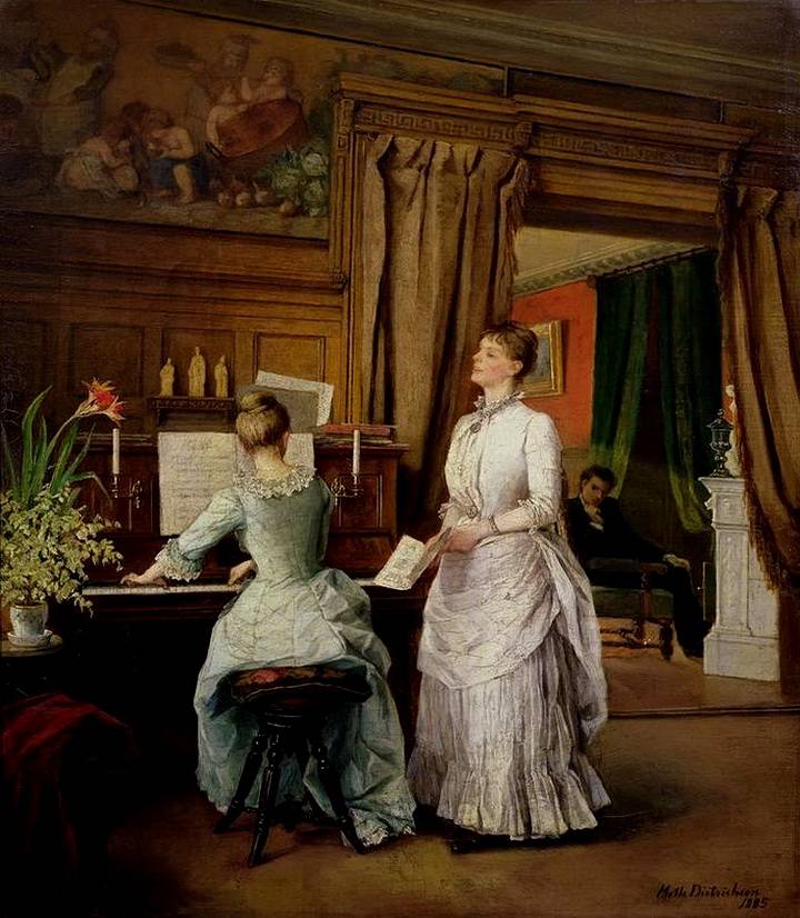 Women in the Music Room, vintage artwork by Johanne Mathilde Dietrichson, 12x8" (A4) Poster