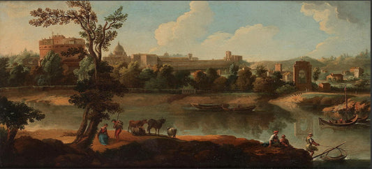 The Castel Sant' Angelo and the Tiber weith Fishermen on the Bank, vintage artwork by Attributed to Paolo Anesi, 12x8" (A4) Poster