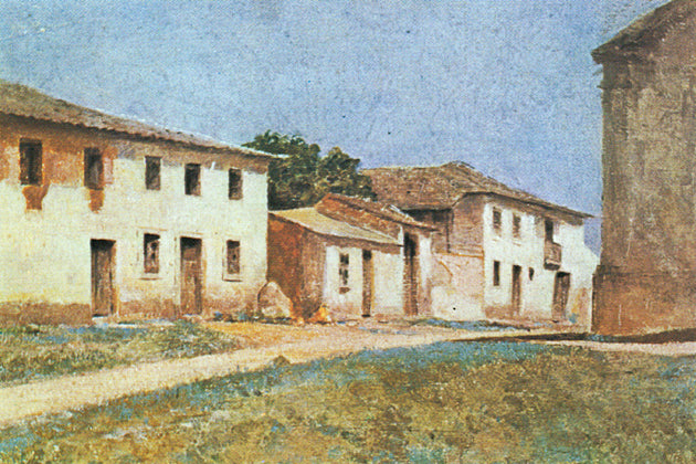 Urban landscape of Avelano de Caminho (Portugal), vintage artwork by Belmiro Barbosa de Almeida, 12x8" (A4) Poster