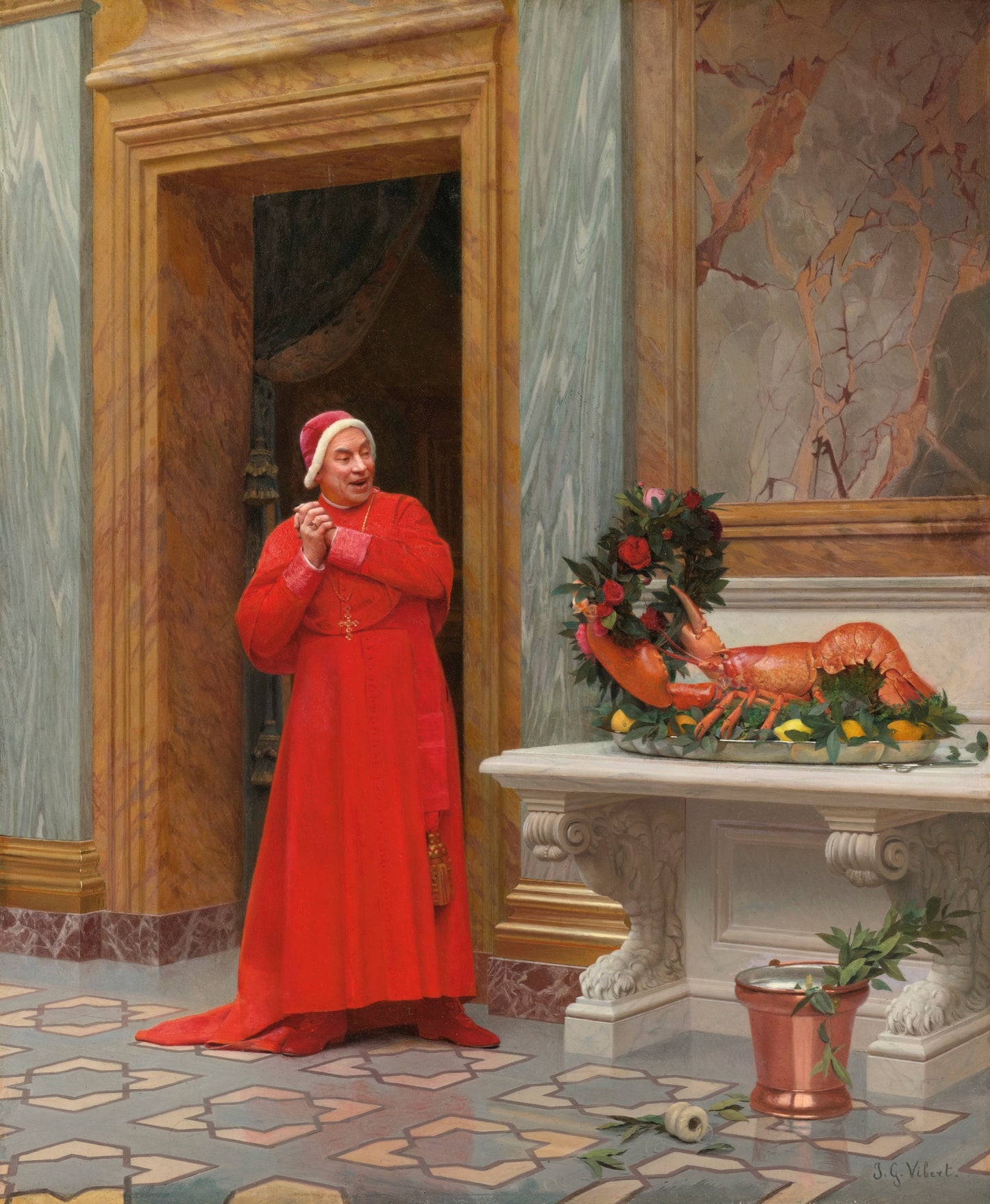 The Two Red Garments, vintage artwork by Jehan-Georges Vibert, 12x8" (A4) Poster