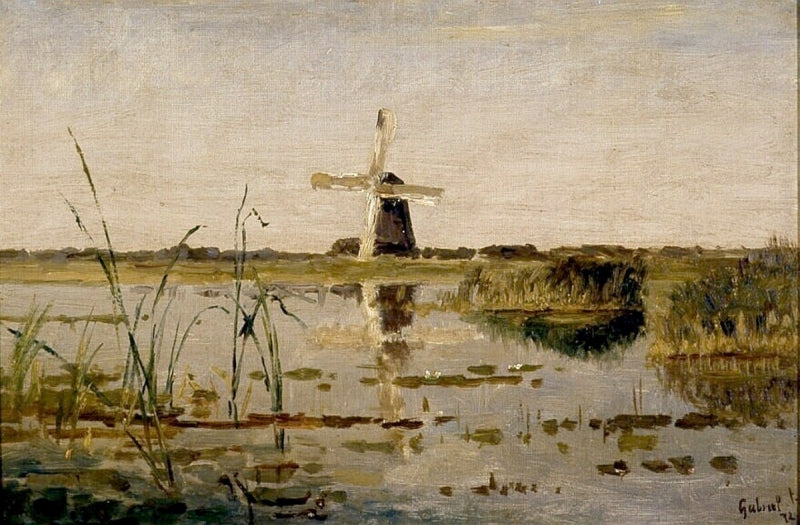 Landscape with Marshes and a Mill, vintage artwork by Paul Joseph Constantin Gabriël, 12x8" (A4) Poster
