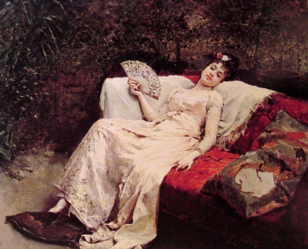 Reclining Lady, vintage artwork by Raimundo de Madrazo y Garreta, 12x8" (A4) Poster