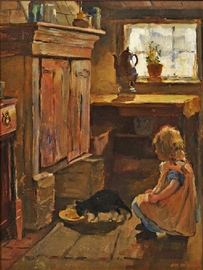 Interior scene with a peasant girl and cat, vintage artwork by Johan Hendrik Weissenbruch, 12x8" (A4) Poster