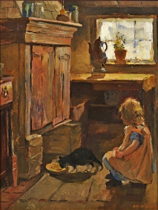 Interior scene with a peasant girl and cat, vintage artwork by Johan Hendrik Weissenbruch, 12x8" (A4) Poster