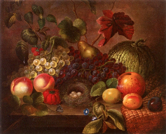 Still Life with Fruit, Bird's Nest and Butterflies, vintage artwork by Eloise Harriet Stannard, 12x8" (A4) Poster