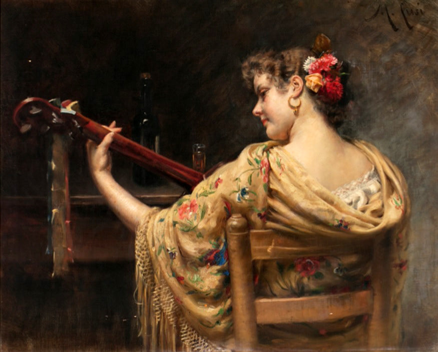 Girl with Guitar, vintage artwork by Manuel Cusi y Ferret, 12x8" (A4) Poster