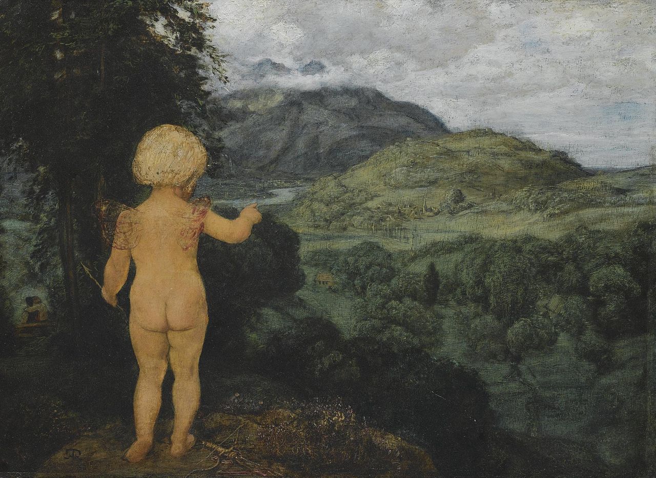 Cupid as landscape painter, vintage artwork by Hans Thoma, 12x8" (A4) Poster