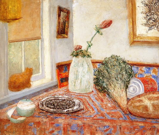 Still Life with Cat On Windowsill, vintage artwork by Arnold Friedman, 12x8" (A4) Poster