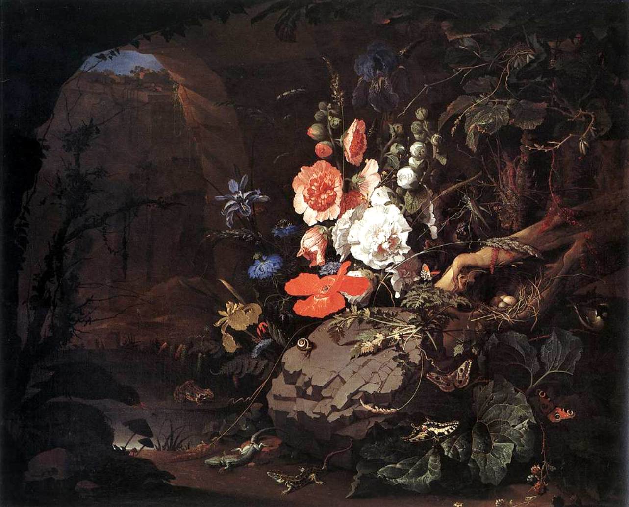 Interior of a grotto with a rock-pool, frogs, salamanders, and a large bouquet of flowers, vintage artwork by Abraham Mignon, 12x8" (A4) Poster