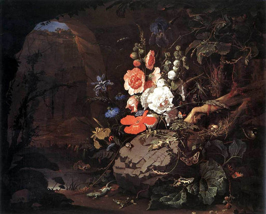 Interior of a grotto with a rock-pool, frogs, salamanders, and a large bouquet of flowers, vintage artwork by Abraham Mignon, 12x8" (A4) Poster