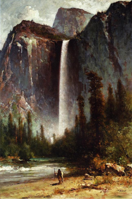Ahwahneechee - Piute Indian at Bridal Veil Falls, Yosemite, vintage artwork by Thomas Hill, 12x8" (A4) Poster