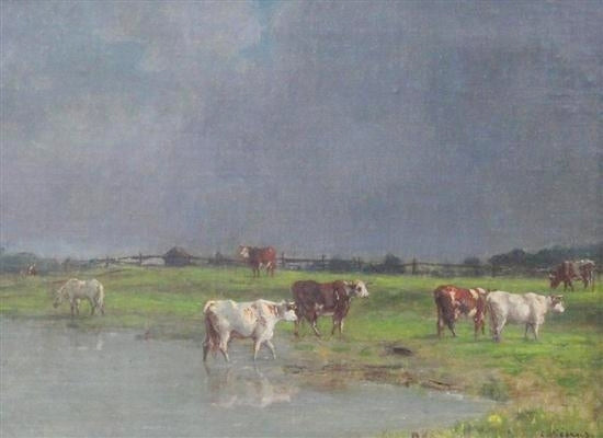 Cattle in a Pasture, vintage artwork by Charles François Pecrus, 12x8" (A4) Poster