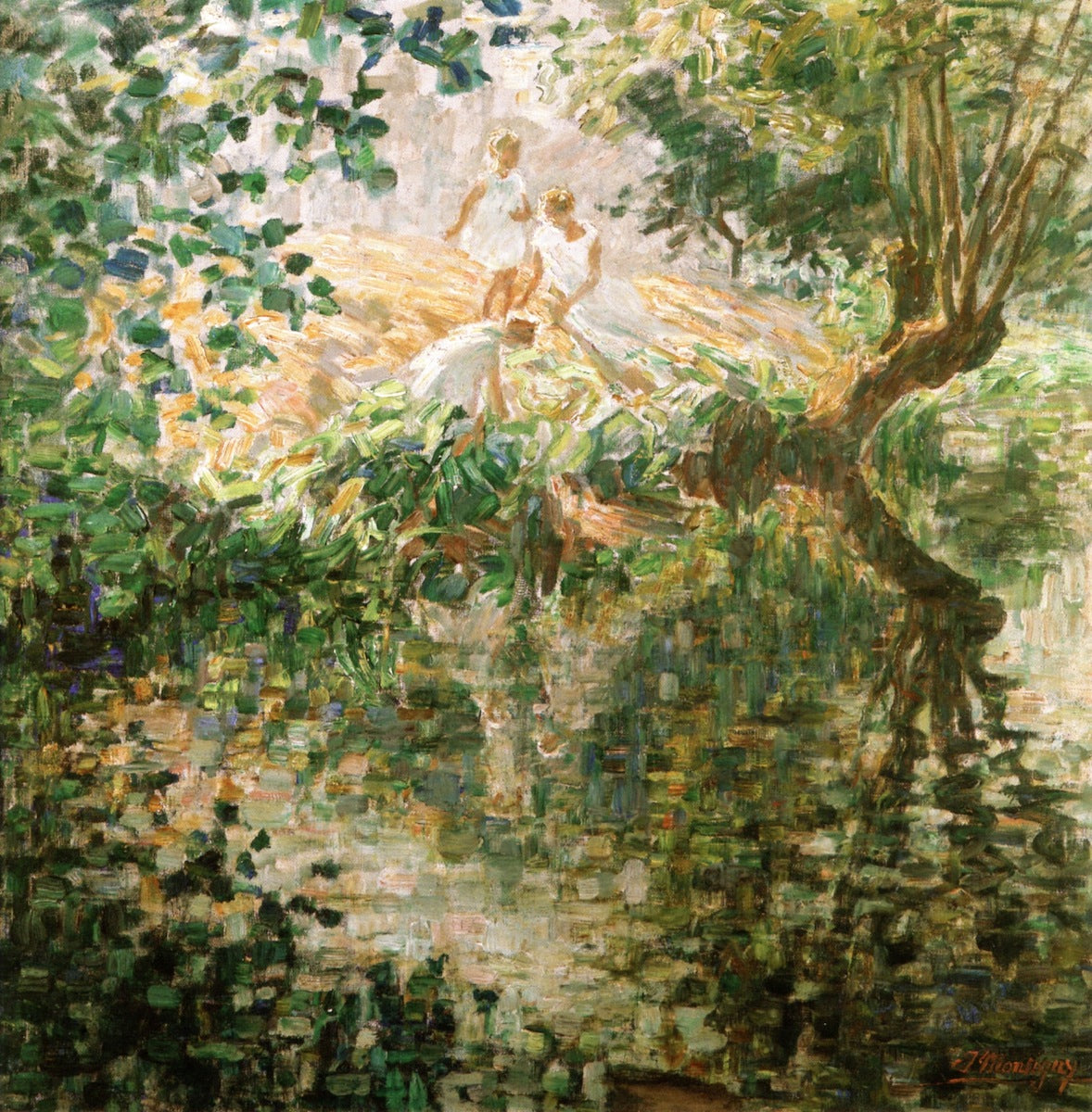 Girls Playing by  the River, vintage artwork by Jenny Montigny, 12x8" (A4) Poster