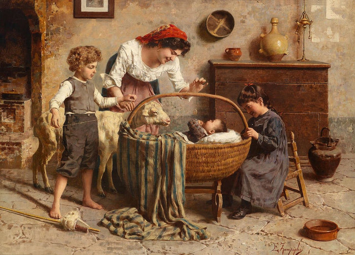 Idyllic Family Scene with Newborn by Eugenio Zampighi,A3(16x12