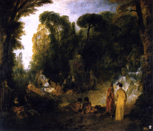 Gathering by  the Fountain of Neptune, vintage artwork by Jean-Antoine Watteau, 12x8" (A4) Poster