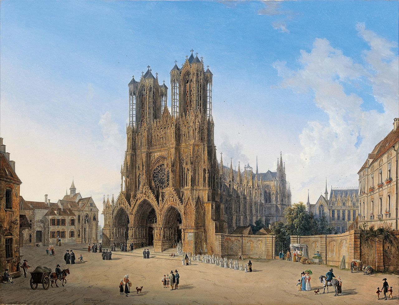 The Cathedral of Notre-Dame, Reims with a Procession of Communicants, vintage artwork by Domenico Quaglio the Younger, 12x8" (A4) Poster