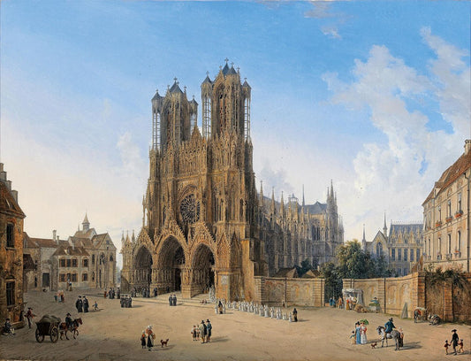 The Cathedral of Notre-Dame, Reims with a Procession of Communicants, vintage artwork by Domenico Quaglio the Younger, 12x8" (A4) Poster
