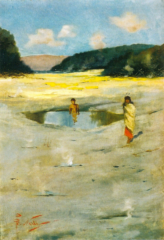 Maori children bathing in Hot Pools, Rotorua, vintage artwork by Girolamo Pieri Pecci Ballati Nerli, 12x8" (A4) Poster