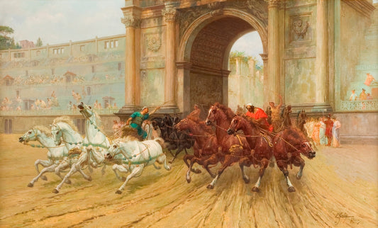 Racing chariots entering the Circo Massimo, vintage artwork by Edouardo Ettore Forti, 12x8" (A4) Poster