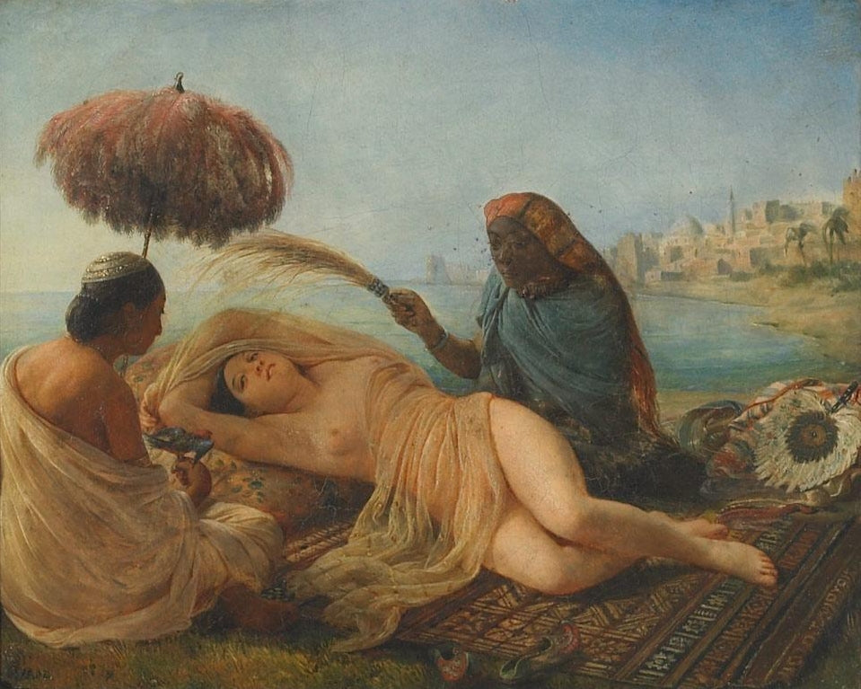 Odalisque fanned by  her slaves, vintage artwork by Francois-Auguste Biard, A3 (16x12") Poster Print