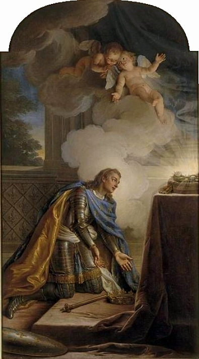 Louis XV in the Guise of Saint Louis Receiving the Crown of Thorns, vintage artwork by Charles-Antoine Coypel IV, 12x8" (A4) Poster
