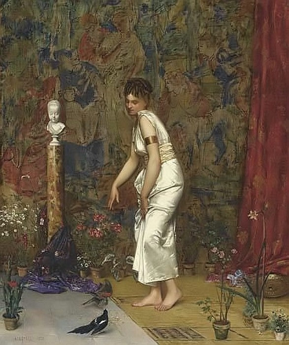 Girl in a white Roman dress feeding two birds, vintage artwork by Adolphe Alexander Lesrel, 12x8" (A4) Poster