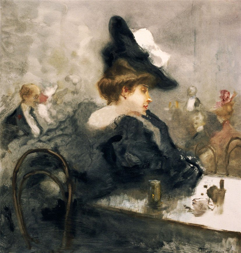An Elegant Lady in Black in a Cafe, vintage artwork by Pompeo Mariani, 12x8" (A4) Poster