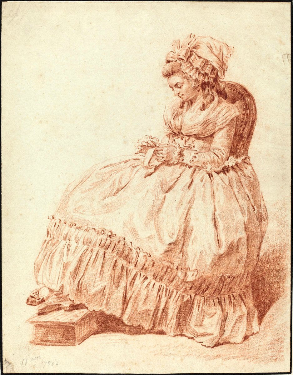 Seated Woman Sewing, vintage artwork by Louis de Trinquesse, 12x8" (A4) Poster