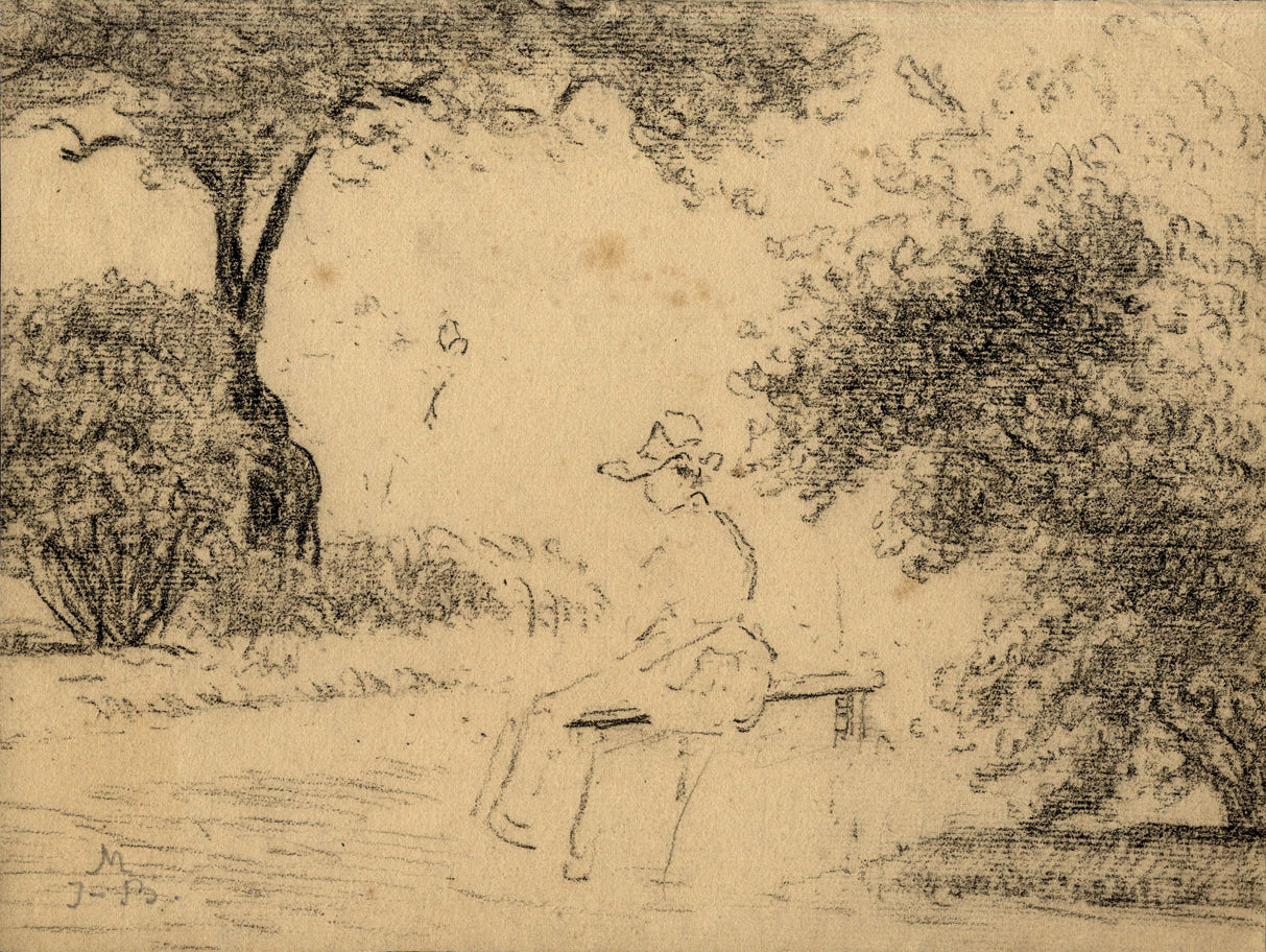 Etude d'une femme au jardin assise sur un banc, vintage artwork by Jean-Baptiste Millet, 12x8" (A4) Poster