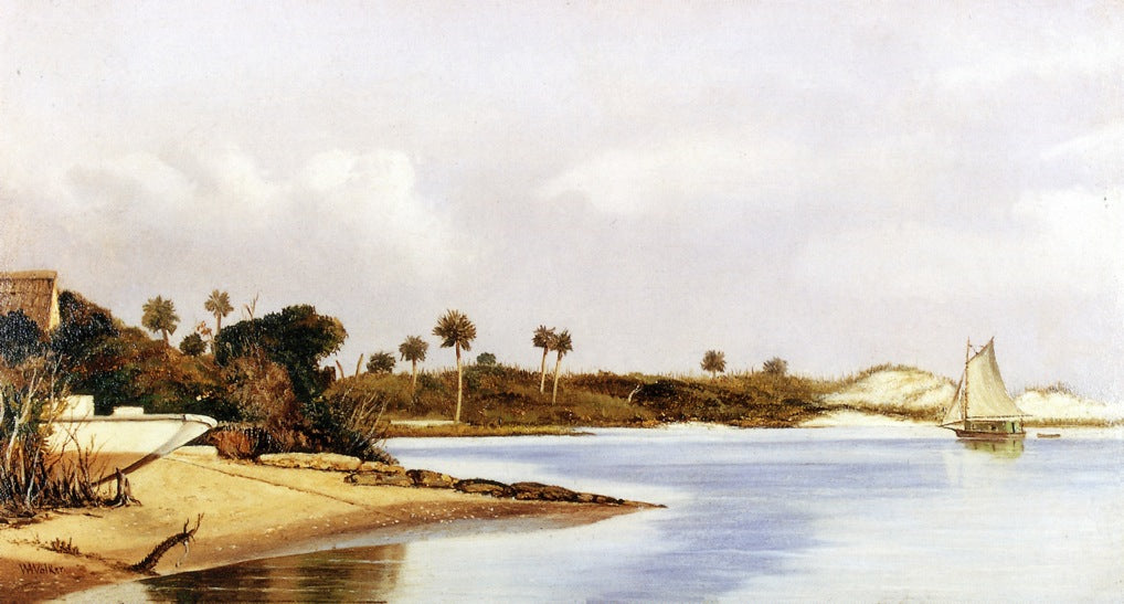 Florida Beach Scene with Beached Boat and Sailboat in Water, vintage artwork by William Aiken Walker, 12x8" (A4) Poster