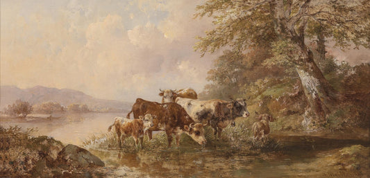 Cows on the lake shore, vintage artwork by Edmund Mahlknecht, 12x8" (A4) Poster
