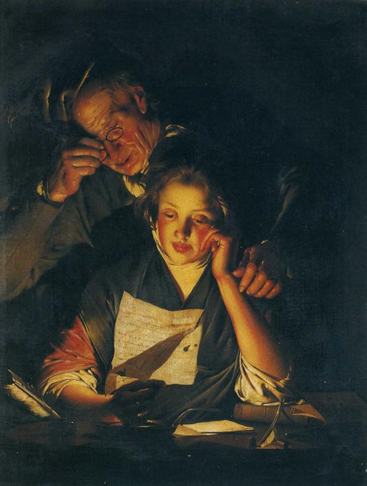 A Girl Reading a Letter with an Old Man Reading over Her Shoulder, vintage artwork by Joseph Wright of Derby , 12x8" (A4) Poster