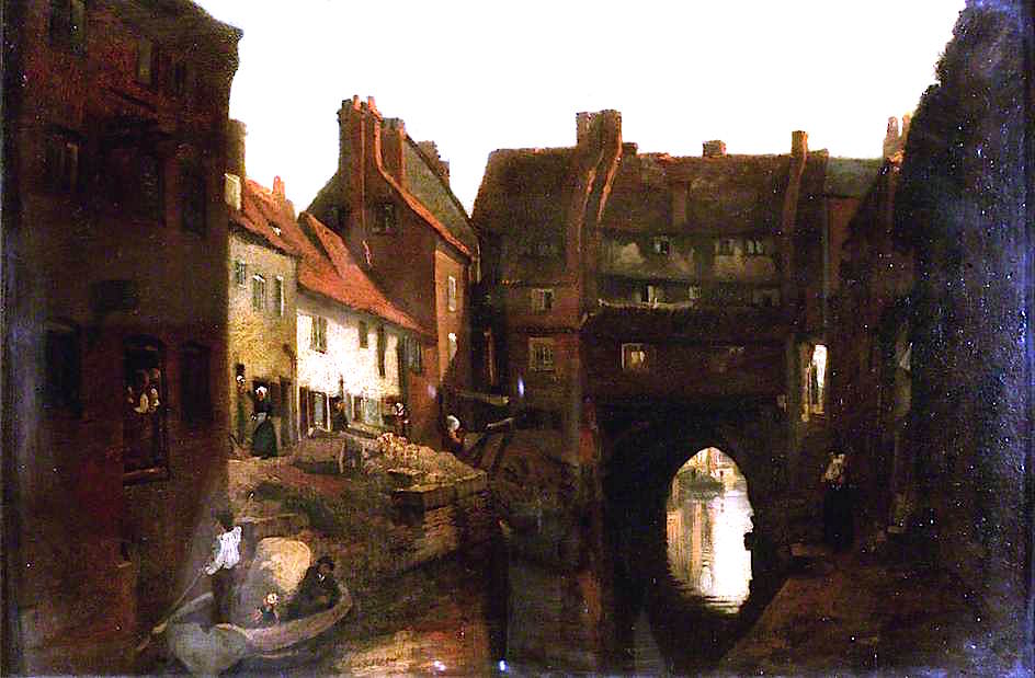 Old Houses on the High Bridge, Lincoln, vintage artwork by Peter de Wint, 12x8" (A4) Poster