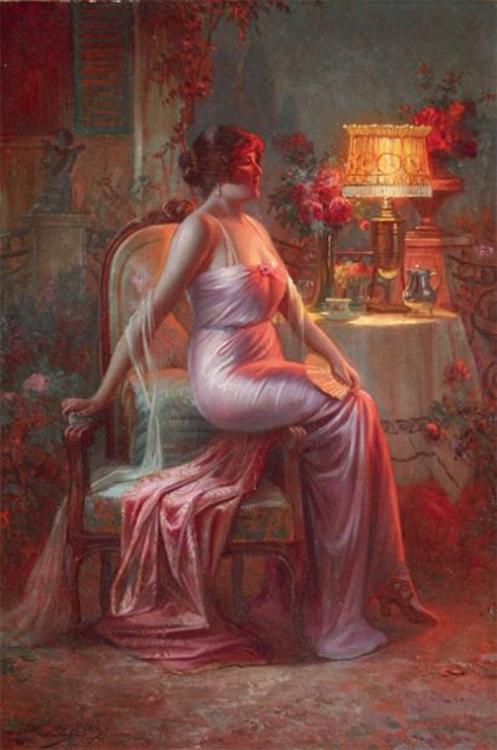 Jeune femme assise au bord de la falaise, vintage artwork by Delphin Enjolras, 12x8" (A4) Poster