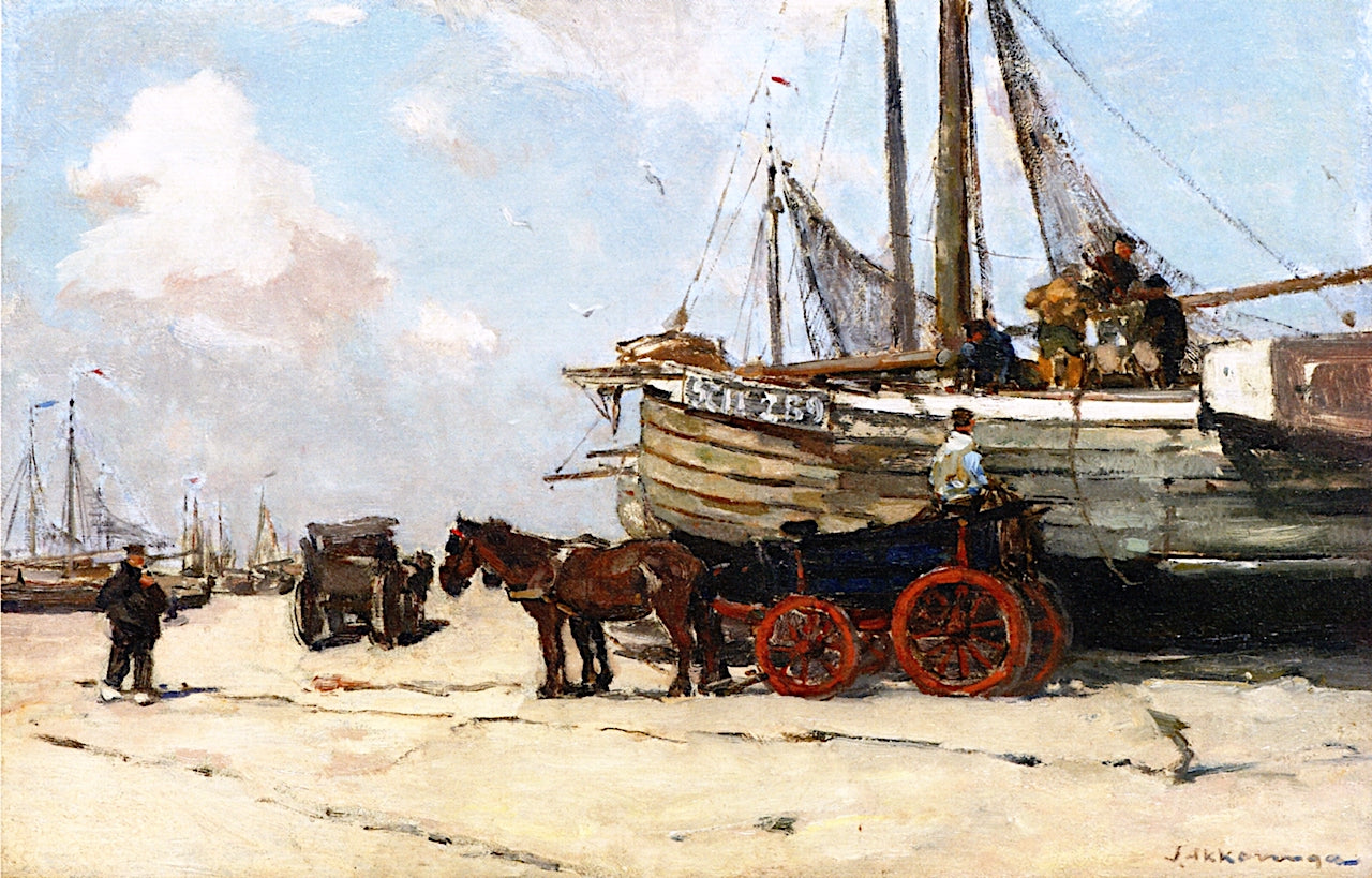 Unloading the Bomschuit on the Scheveningen Beach, vintage artwork by Johannes Evert Hendrik Akkeringa, 12x8" (A4) Poster