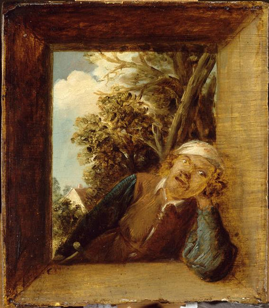 Smoker in the opening of a rustic window, in a landscape, vintage artwork by Joos van Craesbeeck, 12x8" (A4) Poster